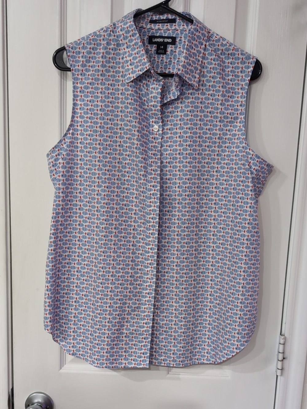 Women's Lands' End Sleeveless Collared Shell in Blue and Red Geometric Print